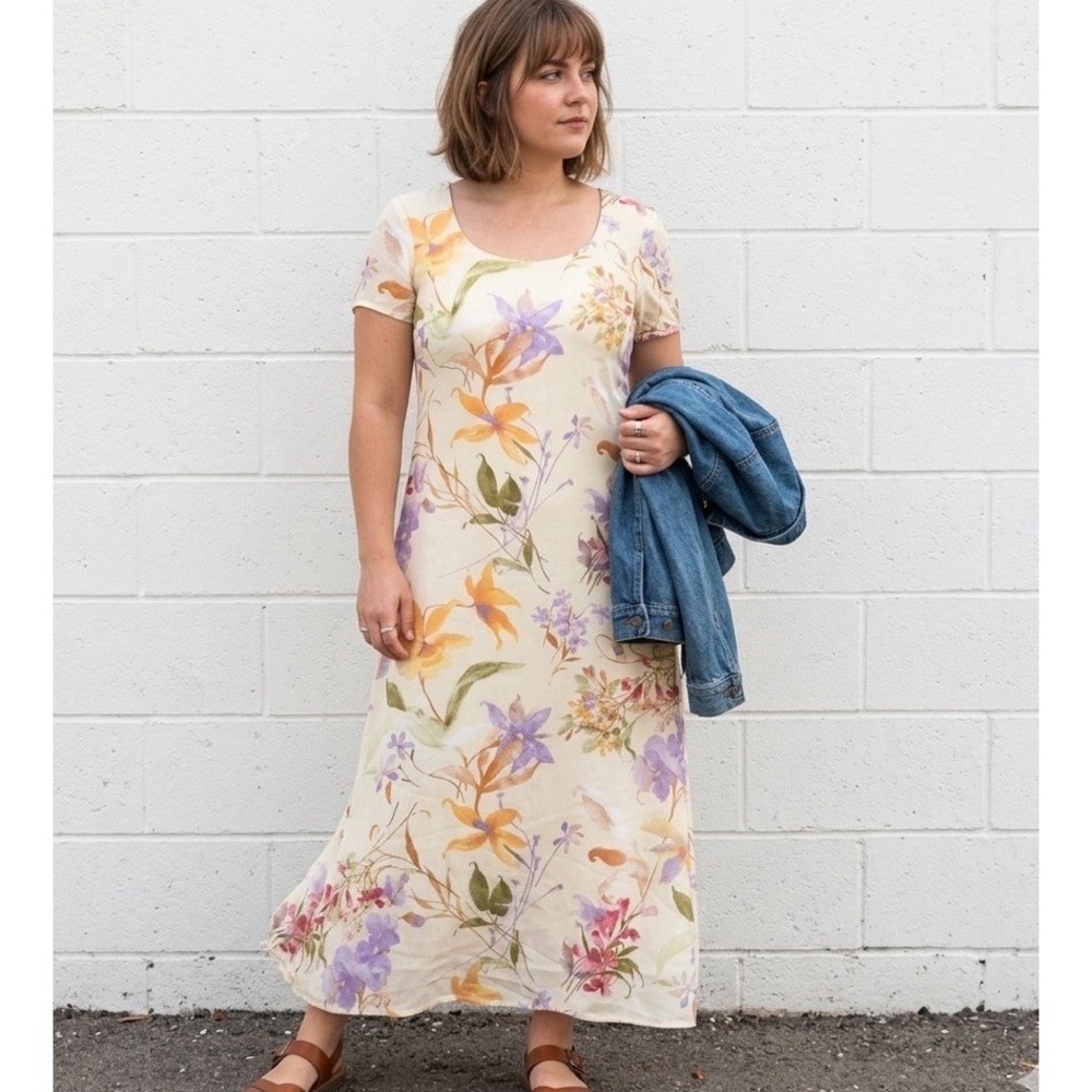 Coldwater Creek VTG 90s Floral Maxi Dress Watercolor Botanical M Cottage Prairie